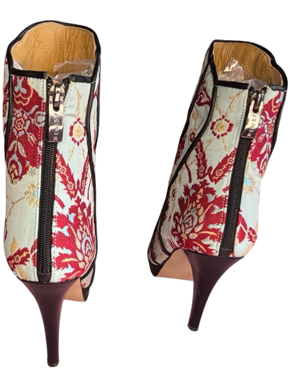 Rockwell Tharp Brocade Booties Sz 39 Red Cream Floral Stiletto Boho - Picture 7 of 15
